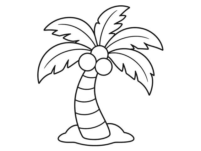 Coconut Tree black-and-white printable coloring page for Preschool, Palm tree with coconuts and long leaves.