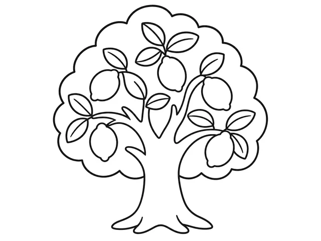 Lemon Tree black-and-white printable coloring page for Preschool, Fruit tree with distinct lemons and broad leaves.