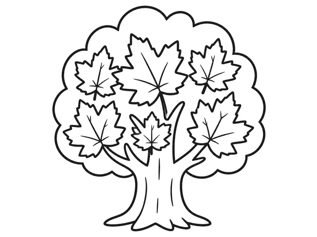 Maple Tree black-and-white printable coloring page for Toddler, maple tree with broad leaves, sturdy trunk, and clear crown