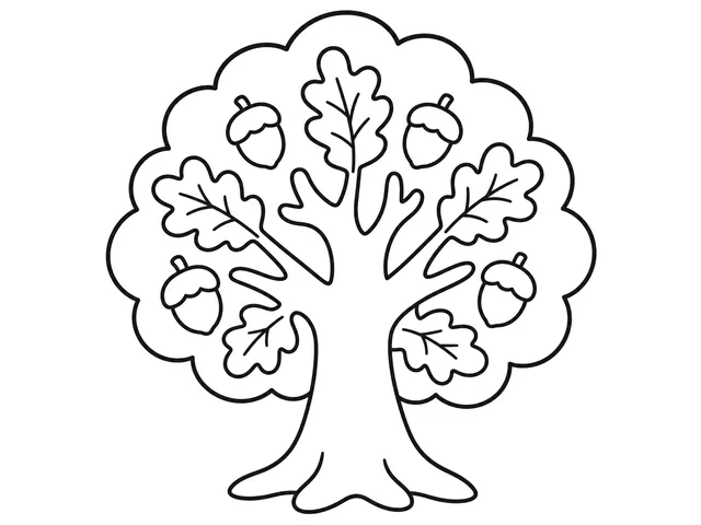 Oak Tree black-and-white printable coloring page for Toddler, sturdy oak tree with a thick trunk and rounded leafy crown