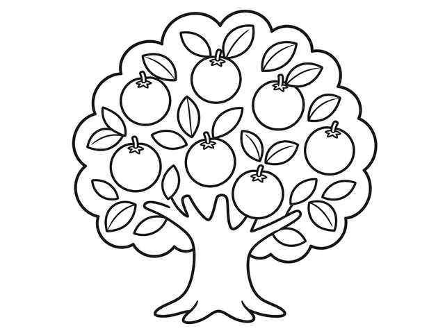 Orange Tree black-and-white printable coloring page for Preschool, Tree with round oranges and broad foliage.