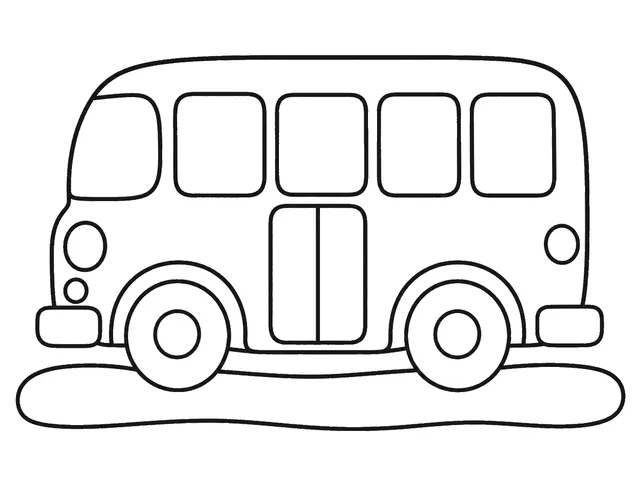 Bus black-and-white printable coloring page for Toddler, long friendly bus with large windows and round wheels
