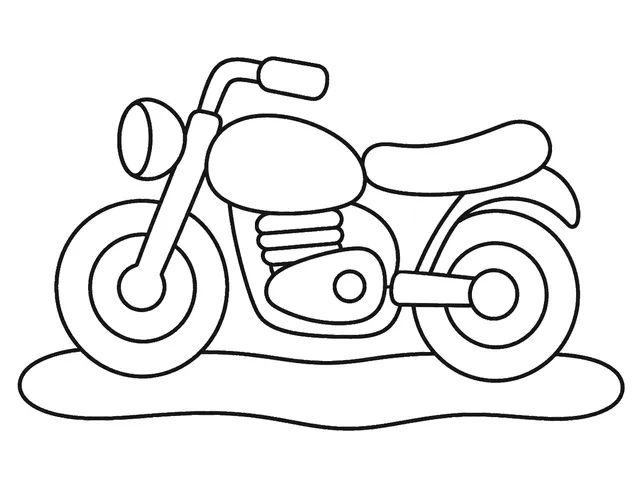 Motorcycle black-and-white printable coloring page for Preschool, Motorcycle with two broad wheels and a distinct seat.