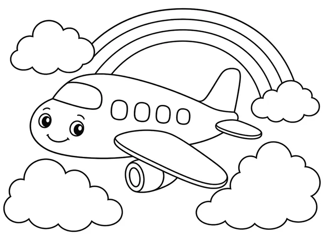 Airplane Clouds black-and-white printable coloring page for Kids, Airplane surrounded by large, simple clouds.