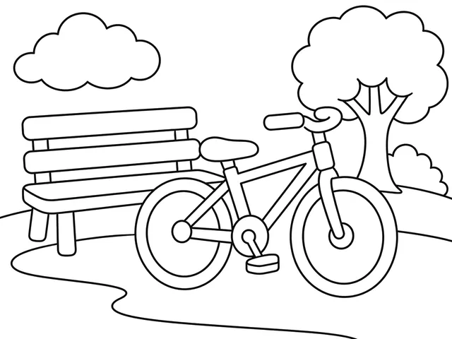 Bicycle Park black-and-white printable coloring page for Kids, Bicycle with two clear wheels in a simple park scene.