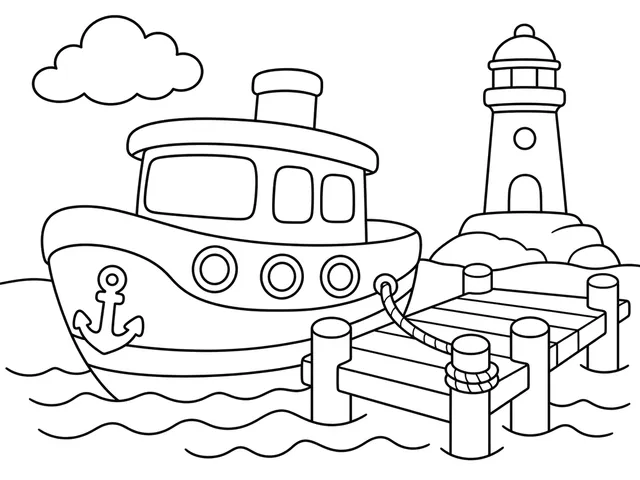 Boat Harbor black-and-white printable coloring page for Kids, Harbor scene with a boat, dock, and lighthouse.