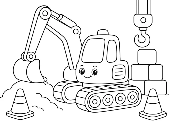 Construction Site black-and-white printable coloring page for Kids, Construction vehicles and crane with broad, distinct parts.