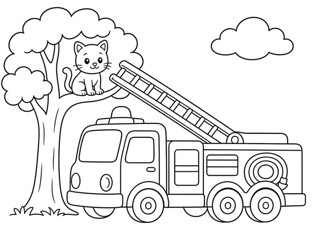 Fire Truck Rescue black-and-white printable coloring page for Kids, Fire truck with a visible ladder and broad body panels.
