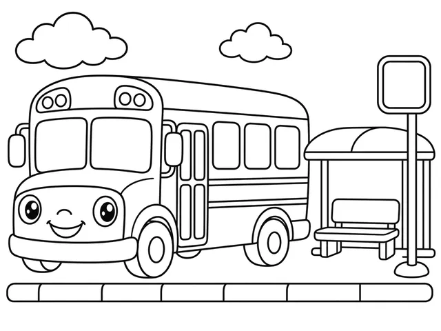 School Bus Stop black-and-white printable coloring page for Kids, School bus and stop sign in a broad, easy-to-color scene.