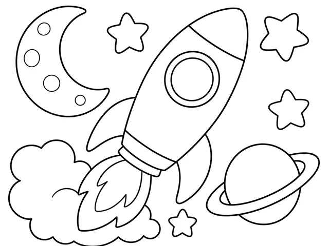 Space Rocket Moon black-and-white printable coloring page for Kids, bold outlines and large easy-to-color shapes for a Space Rocket Moon coloring page