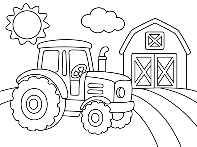 Tractor Farm black-and-white printable coloring page for Kids, Farm tractor with oversized wheels and a simple barn scene.