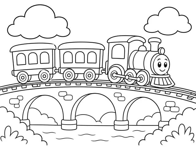 Train Bridge black-and-white printable coloring page for Kids, Train on a bridge above a wide band of water.
