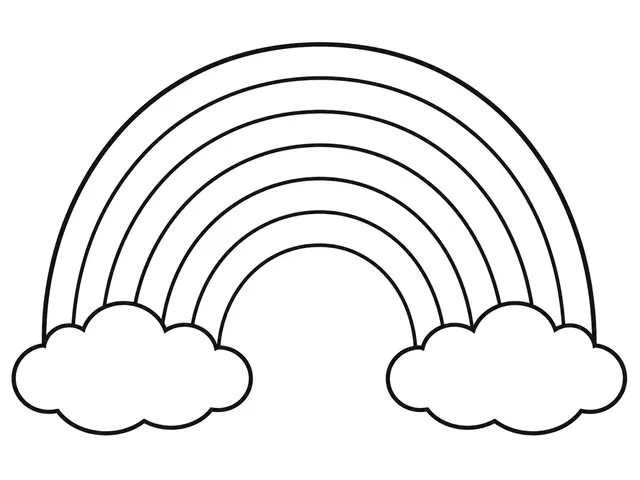 Rainbow black-and-white printable coloring page for Preschool, wide rainbow with broad bands above a cloud and rounded hill