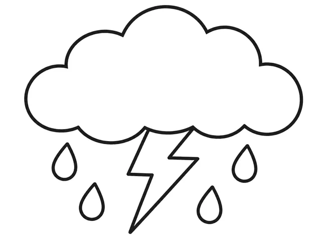 Lightning Cloud black-and-white printable coloring page for Preschool, Cloud and single bold lightning bolt.