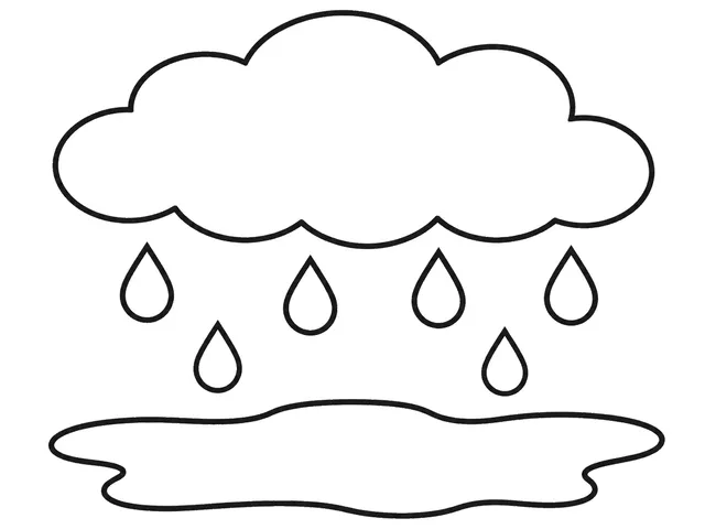 Rainy Day black-and-white printable coloring page for Preschool, Rain clouds and large falling drops in an open sky.