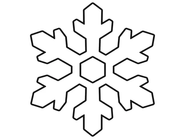 Snowflake black-and-white printable coloring page for Preschool, large six-sided snowflake with broad symmetrical arms