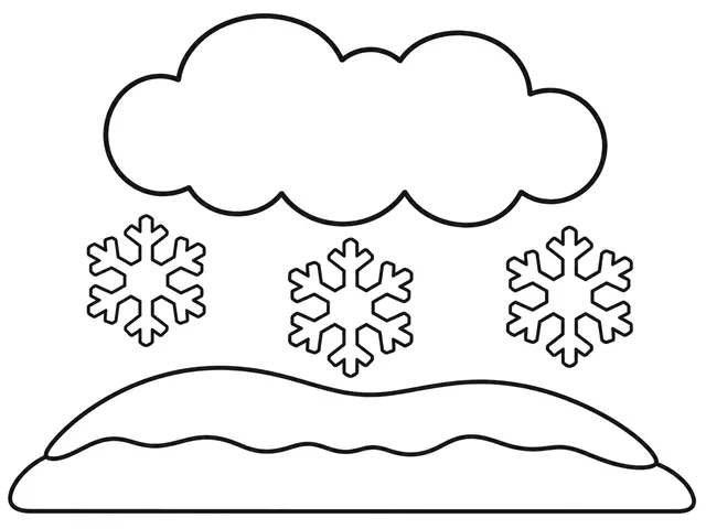 Snowy Day black-and-white printable coloring page for Preschool, Snow clouds and large simple flakes above the ground.