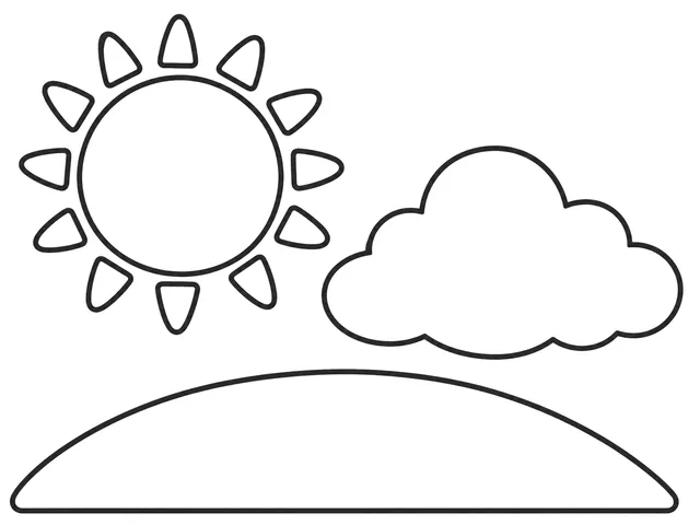 Sunny Day black-and-white printable coloring page for Preschool, cheerful sunny-day scene with a large sun, hill, and cloud