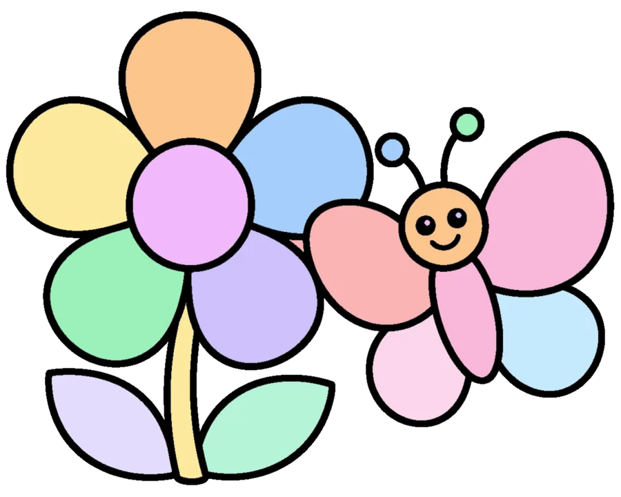 Butterfly Flower coloring page for Preschool, friendly butterfly beside a large flower with bold enclosed shapes
