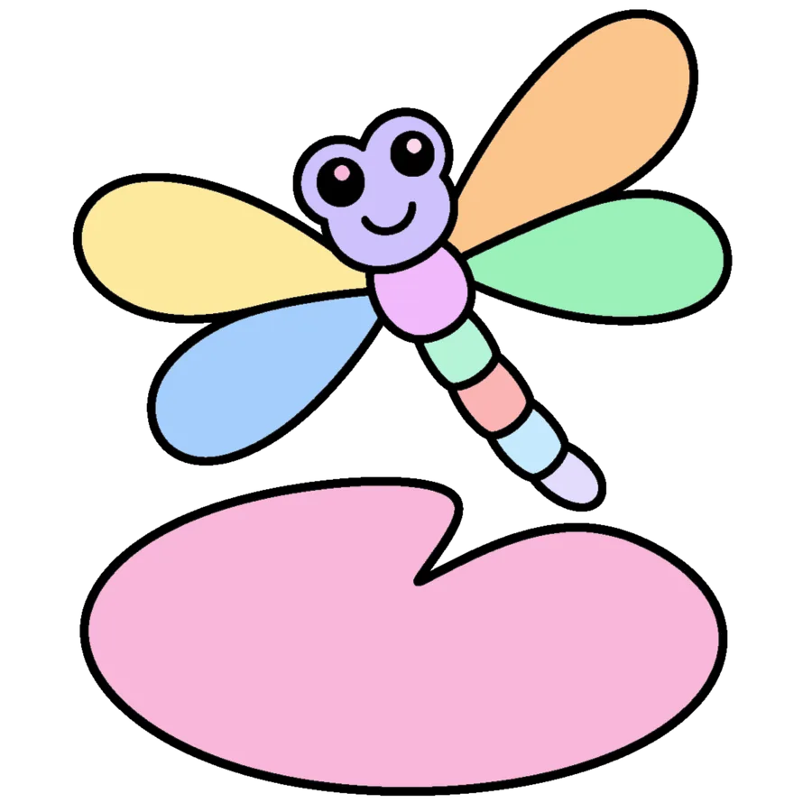 Dragonfly Pond coloring page for Kids, friendly dragonfly with four broad wings above a large lily pad