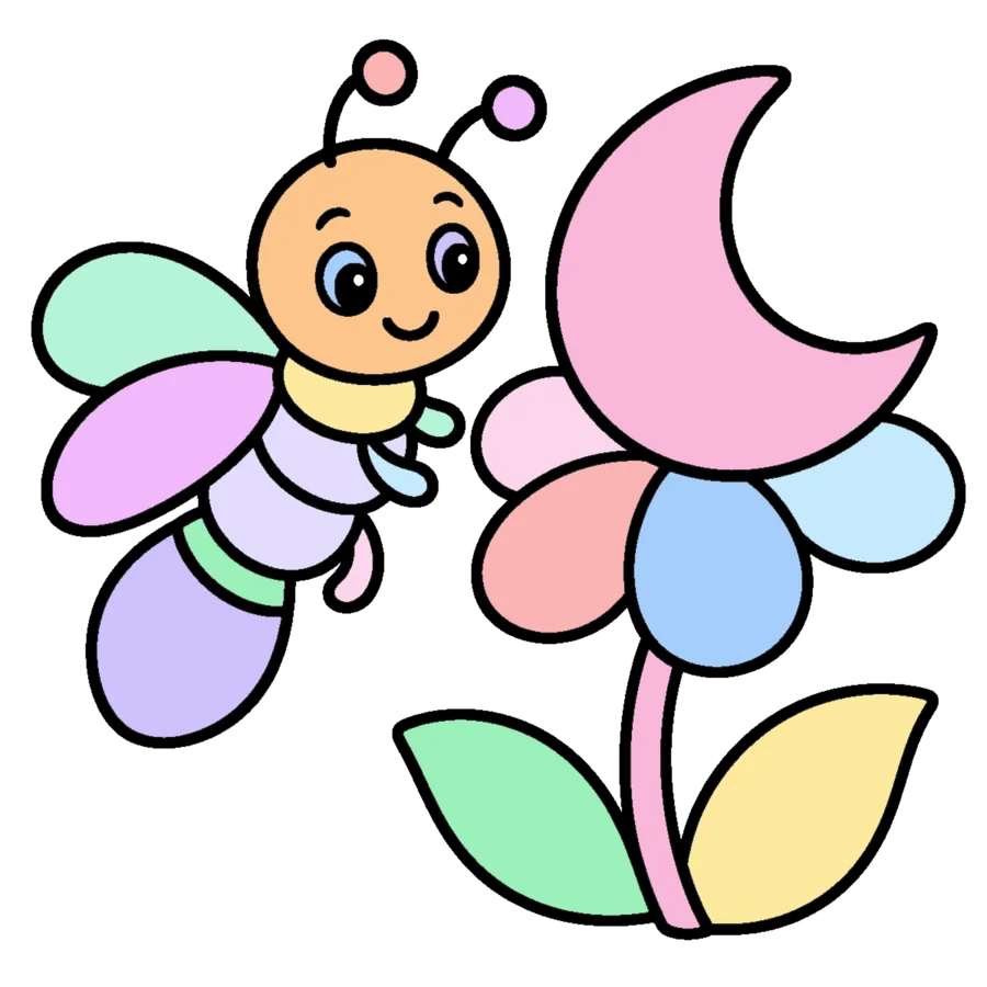 Firefly Flower coloring page for Kids, smiling firefly beside a large flower and crescent moon