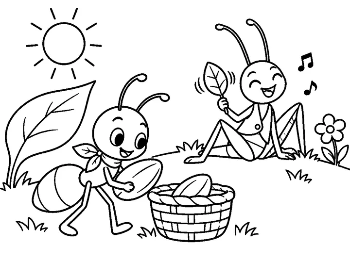 The Ant and the Grasshopper story coloring page