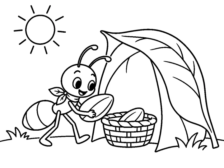 Ami carries one broad seed toward a woven basket inside a simple leaf shelter., printable black-and-white coloring page
