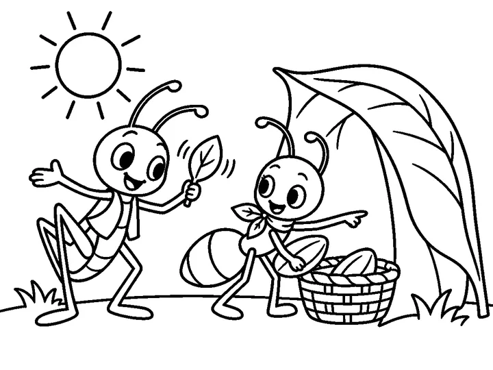 Gio holds out his leaf shaker and invites Ami to play while Ami points toward her basket and shelter., printable black-and-white coloring page