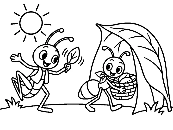 Gio plays the leaf shaker in the meadow while Ami carries her basket into the shelter to store more food., printable black-and-white coloring page