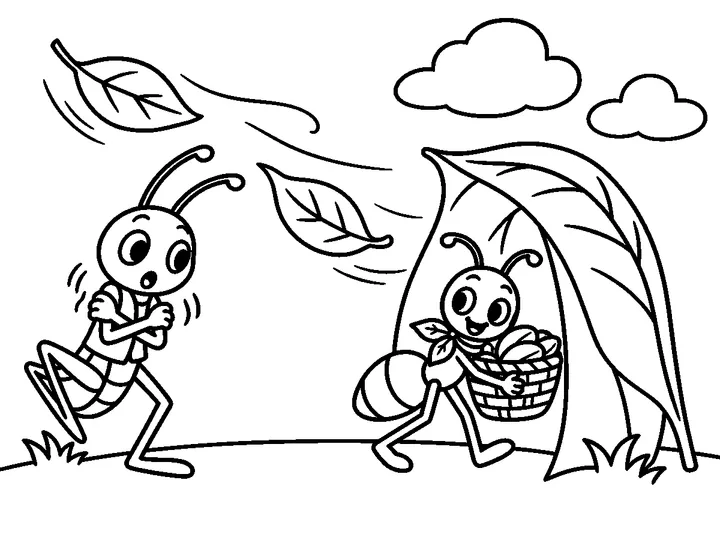 Two broad leaves move in a gentle cold wind as clouds gather; Ami turns toward the shelter and Gio folds his arms against the chill., printable black-and-white coloring page