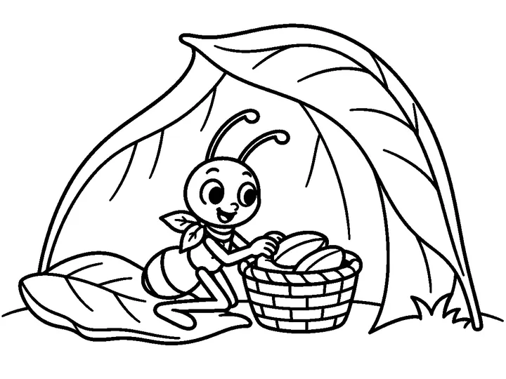 Ami sits safely inside the leaf shelter beside a basket filled with broad stored seeds., printable black-and-white coloring page