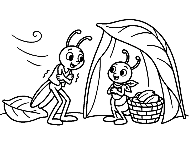 Gio stands outside the shelter with his arms folded against the cold while Ami listens beside her stored basket., printable black-and-white coloring page