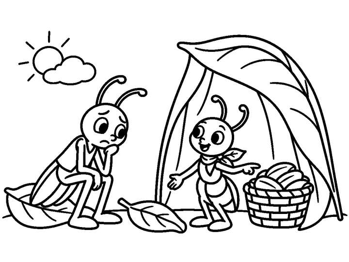 Ami points to the full seed basket while Gio listens thoughtfully beside the leaf shaker he left on the ground., printable black-and-white coloring page