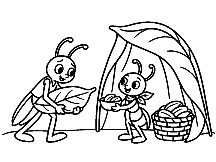 Gio carries one broad leaf into the shelter while Ami offers him a small bowl of seeds beside the stored basket., printable black-and-white coloring page