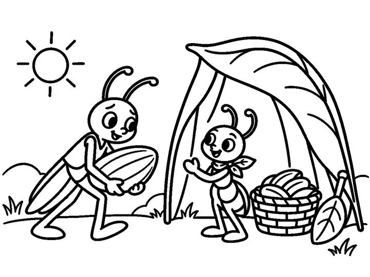 In the new warm season, Gio carries a broad seed toward the shelter while Ami encourages him and the leaf shaker rests nearby., printable black-and-white coloring page