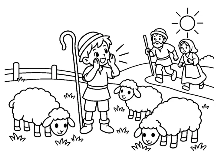 A single shepherd boy making a false wolf call while two adult villagers hurry up the hillside and no wolf is present, printable black-and-white coloring page