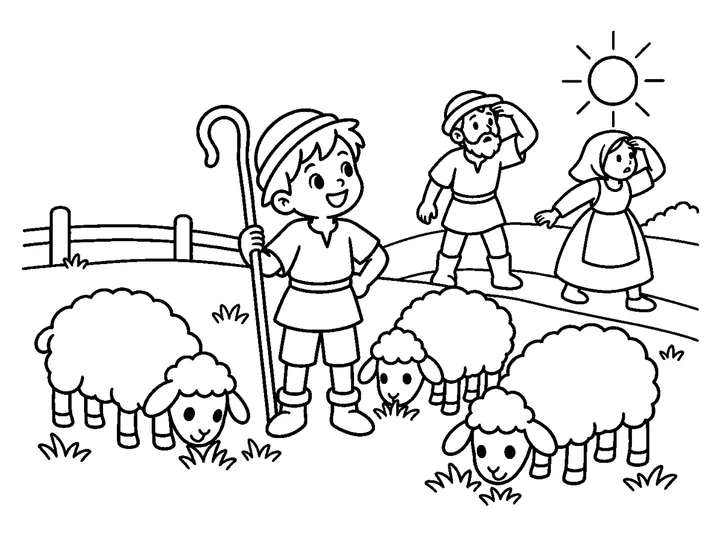 A shepherd boy beside two adult villagers searching an empty hillside with sheep nearby and no wolf, printable black-and-white coloring page