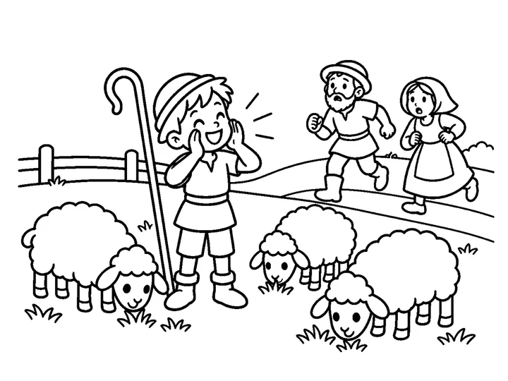 A single shepherd boy making a second false wolf call while the same two adult villagers hurry up the hillside and no wolf is present, printable black-and-white coloring page