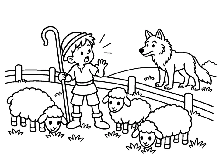 A real gentle wolf appearing outside the low fence while the shepherd boy notices and the sheep stay together, printable black-and-white coloring page