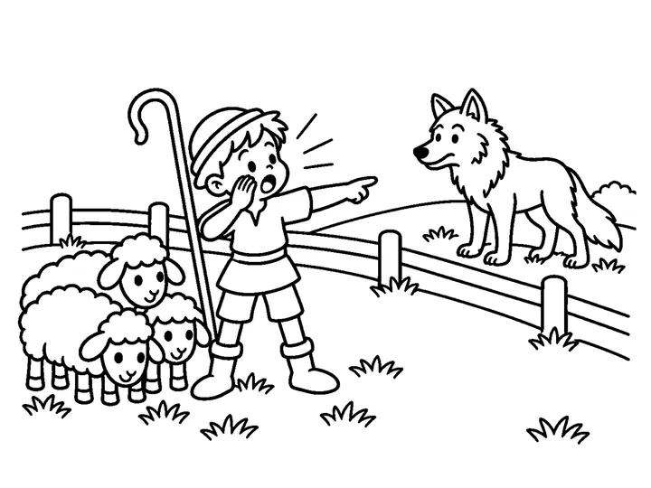 A shepherd boy calling for help and pointing toward a calm wolf while sheep cluster behind a low fence, printable black-and-white coloring page