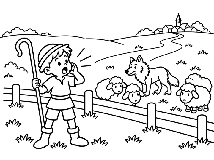 A single shepherd boy calling from the pasture while an empty path leads toward the distant village; no villagers come, and the real wolf is near the flock, printable black-and-white coloring page