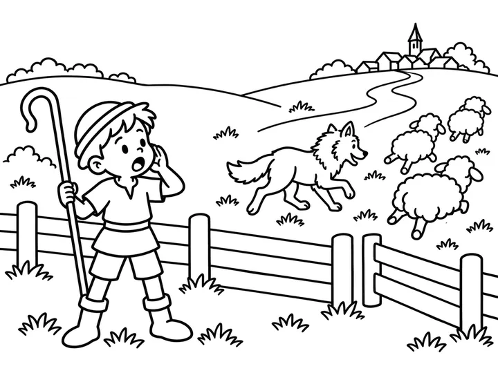 A single shepherd boy stands alone beside the pasture fence as a gentle wolf chases three sheep toward a distant hill; no villagers are present, printable black-and-white coloring page