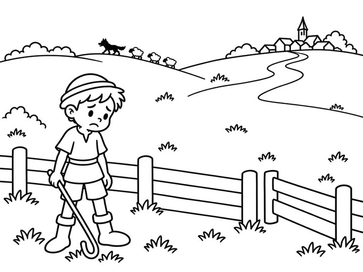 A single shepherd boy looking sadly across an empty fenced pasture while a distant wolf and sheep disappear over a hill; no villagers are present, printable black-and-white coloring page