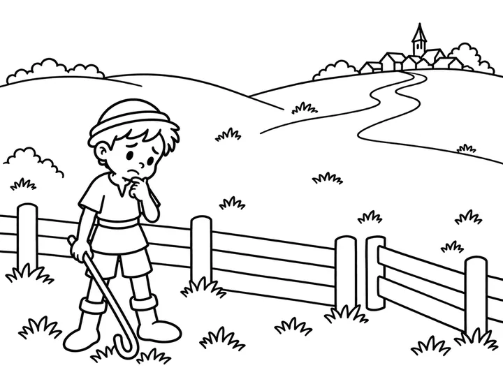 A single shepherd boy sitting thoughtfully beside an empty pasture fence with his crook lowered; the quiet village path is empty, with no villagers or sheep present, printable black-and-white coloring page