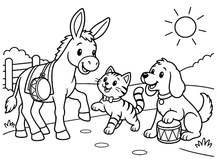 Dapple and Bram welcome Mew, an old striped cat with a bow-shaped collar detail, as she steps onto the path., printable black-and-white coloring page