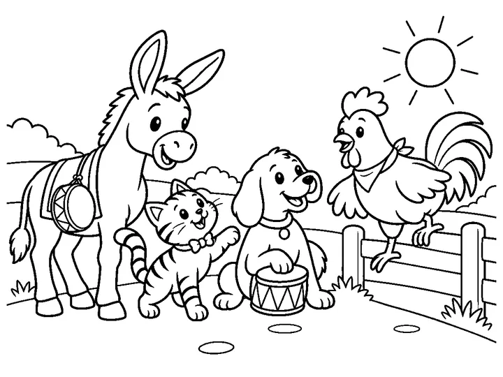 Dapple, Bram, and Mew welcome Sunny, a round old rooster stepping down from a low fence to join the journey., printable black-and-white coloring page