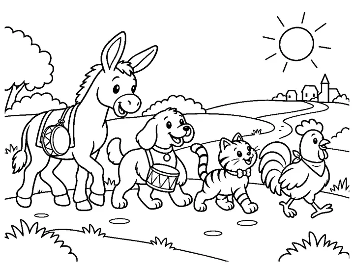 Dapple, Bram, Mew, and Sunny walk together along a winding country road toward a tiny distant town silhouette., printable black-and-white coloring page