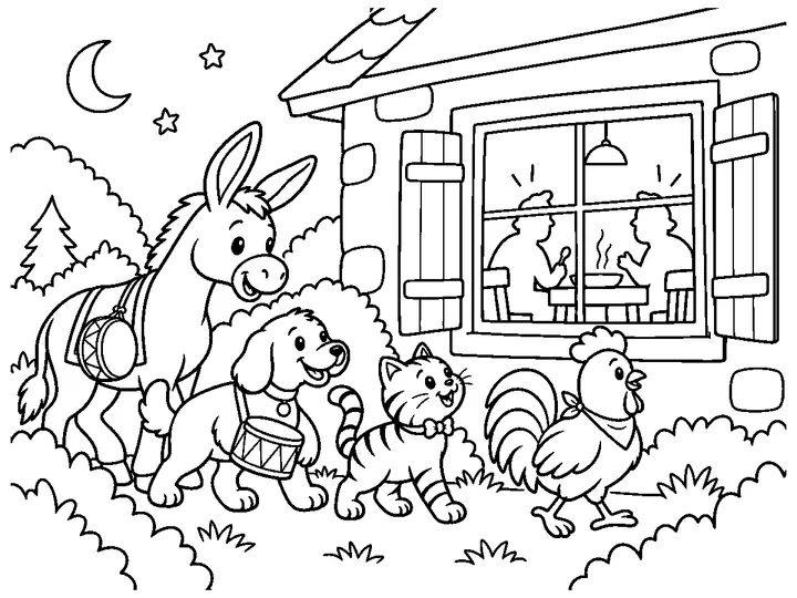 At dusk, the four musicians look toward one broad cottage window where two simple, non-graphic robber silhouettes sit inside with supper., printable black-and-white coloring page
