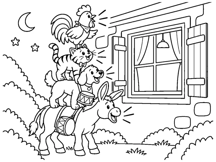 Dapple stands at the bottom, Bram stands on Dapple, Mew stands on Bram, and Sunny stands at the cottage window as all four make one loud friendly sound., printable black-and-white coloring page