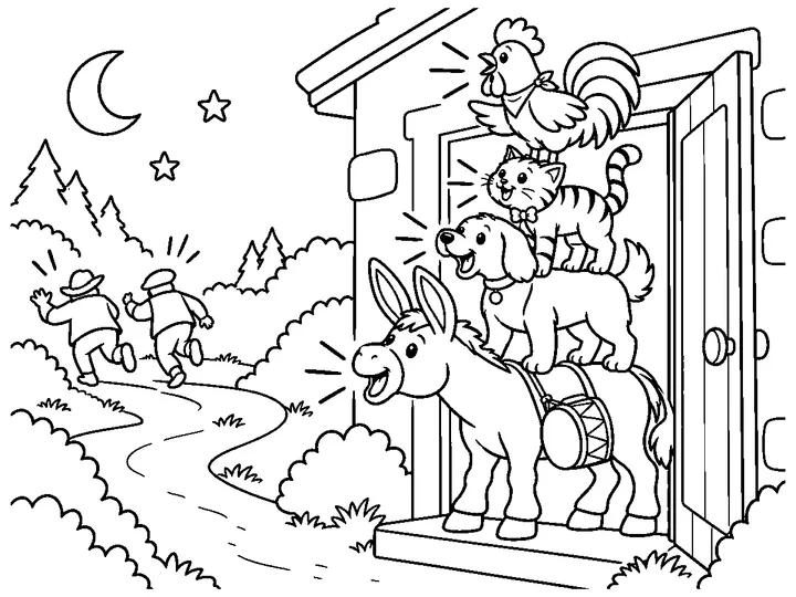 The four friendly musicians call from the cottage doorway while two small generic robber figures run away down the moonlit path., printable black-and-white coloring page
